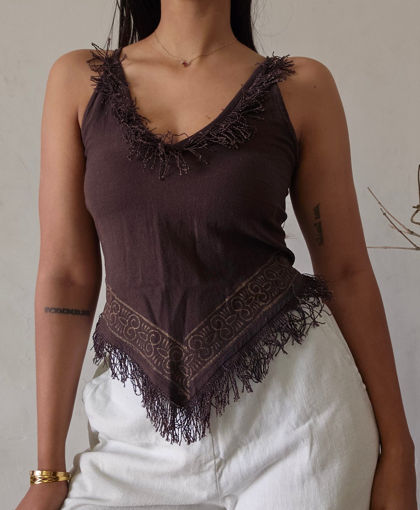 Deep walnut brown jute cotton tank top