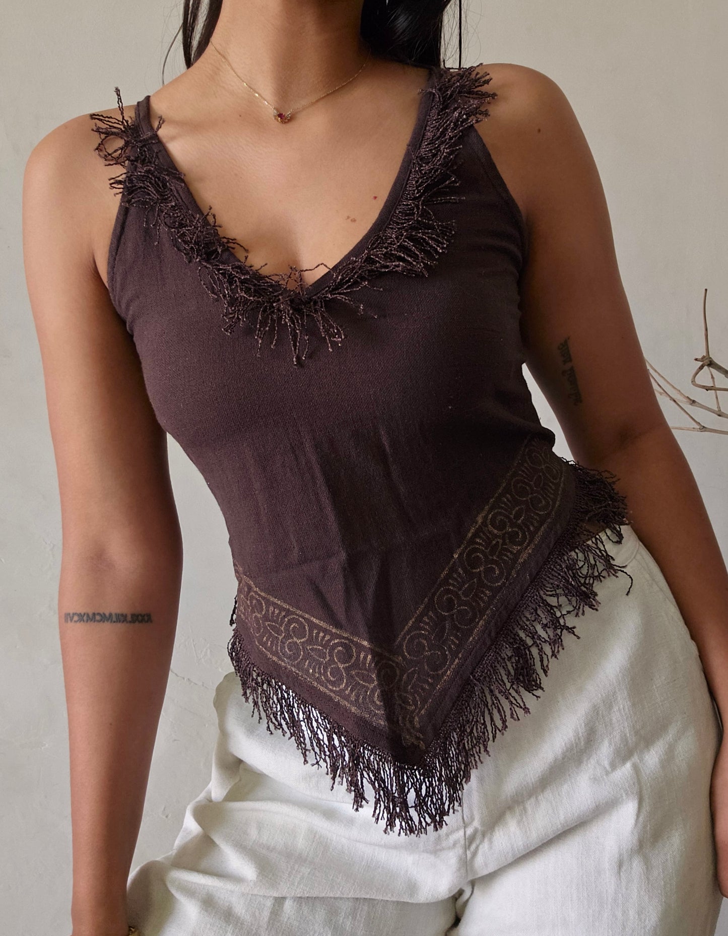 Deep walnut brown jute cotton tank top