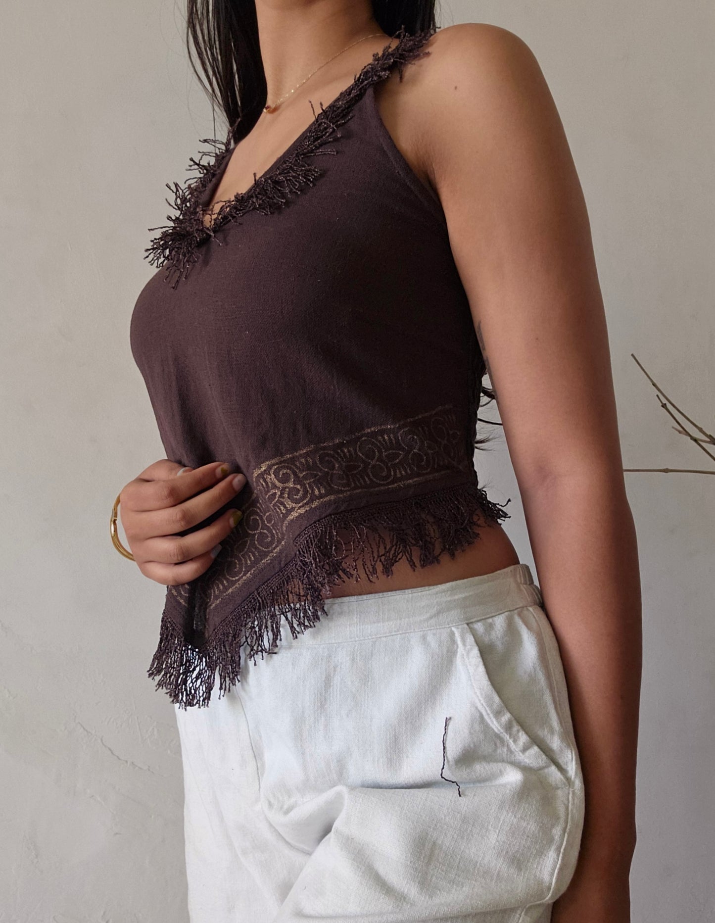 Deep walnut brown jute cotton tank top