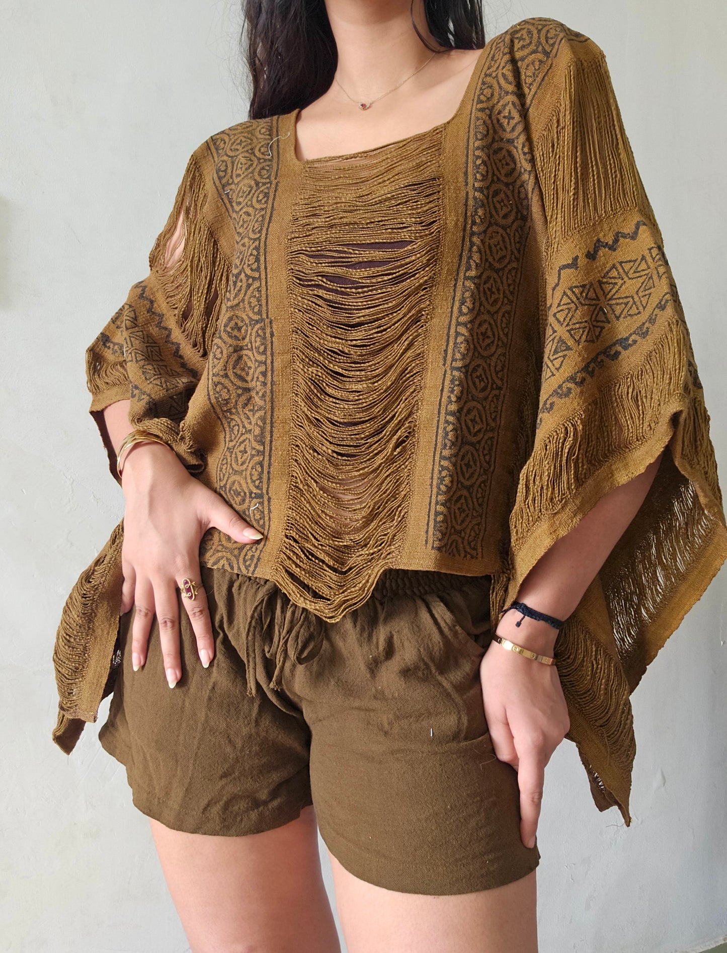 Natural mocha mousse poncho and shorts co-ord set
