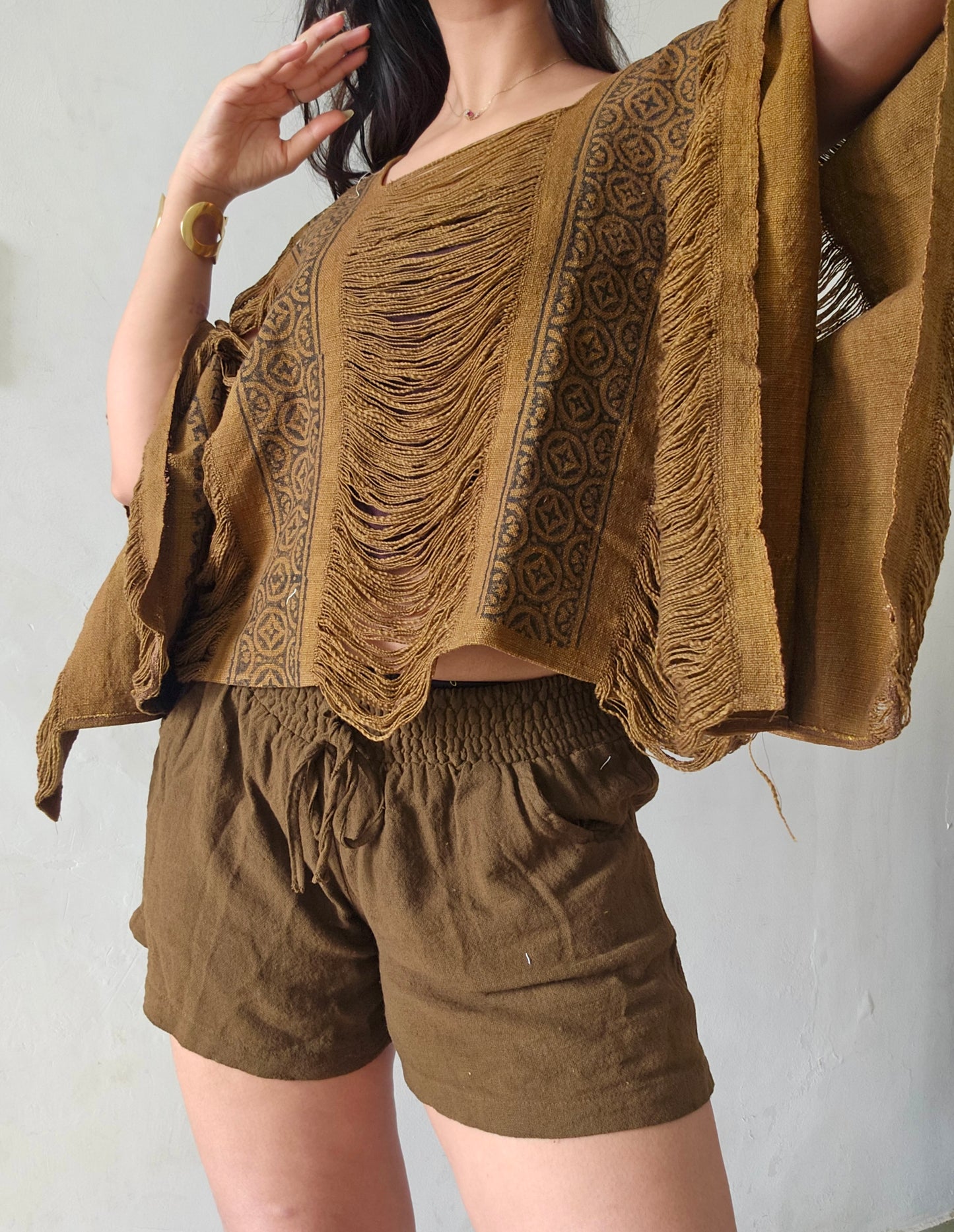 Natural mocha mousse poncho and shorts co-ord set
