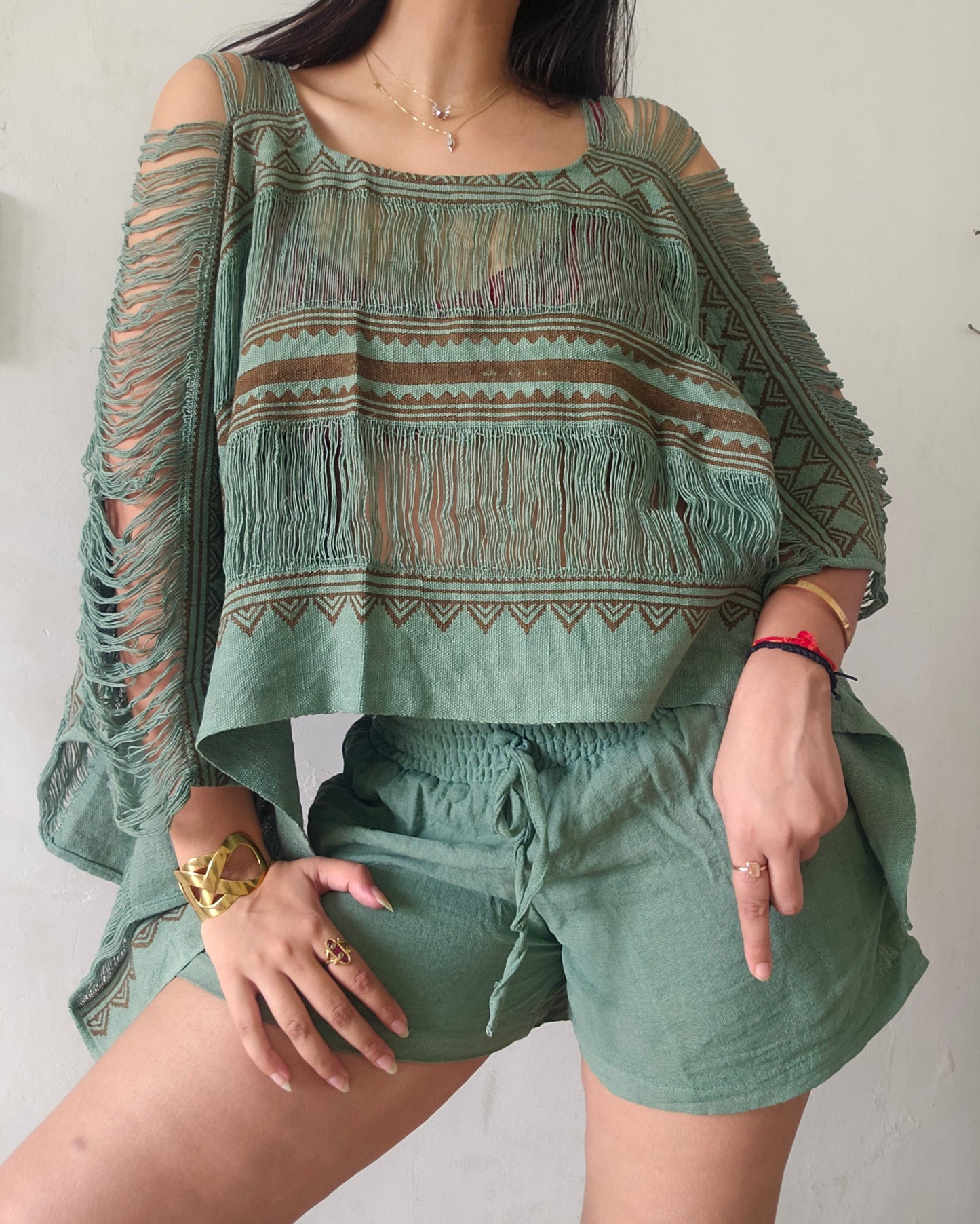Muted zade poncho and shorts co-ord set