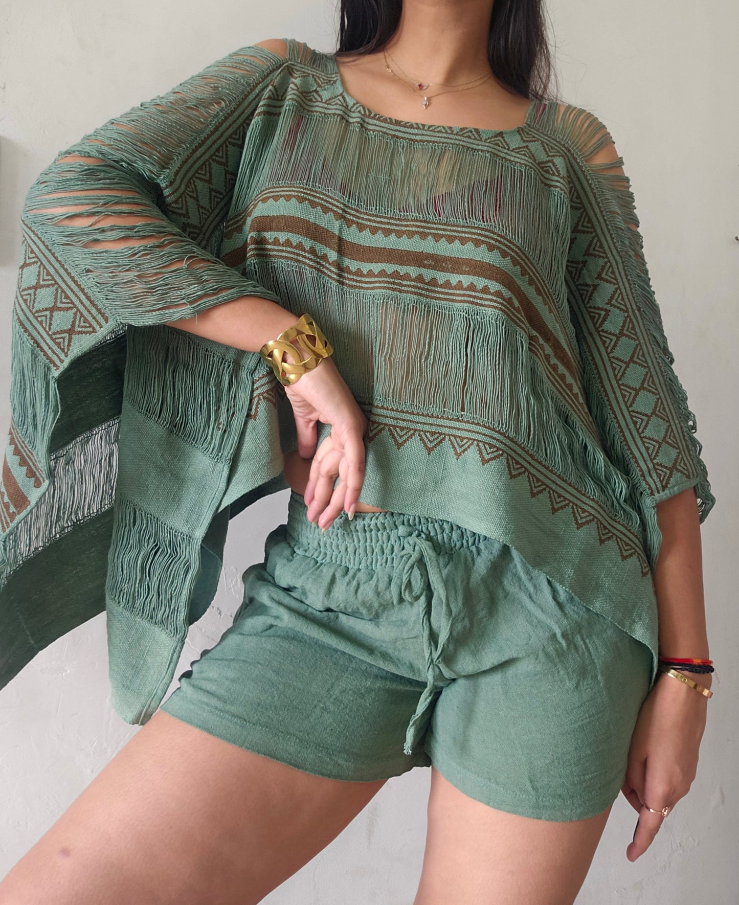 Muted zade poncho and shorts co-ord set