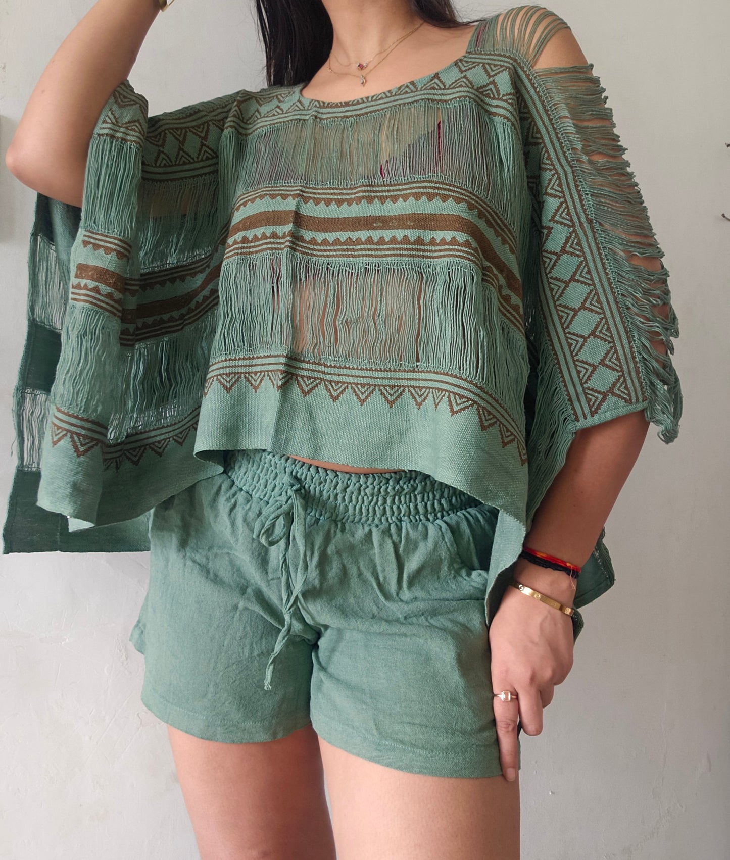 Muted zade poncho and shorts co-ord set