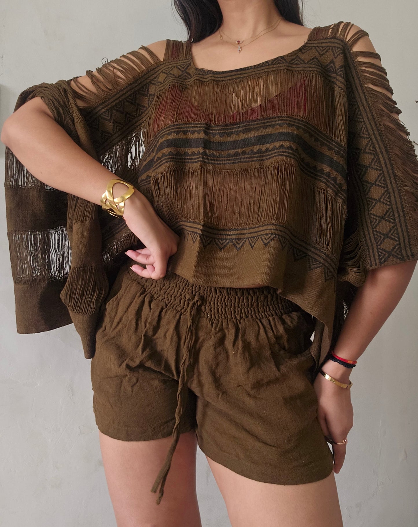 Deep walnut brown poncho and shorts co-ord set