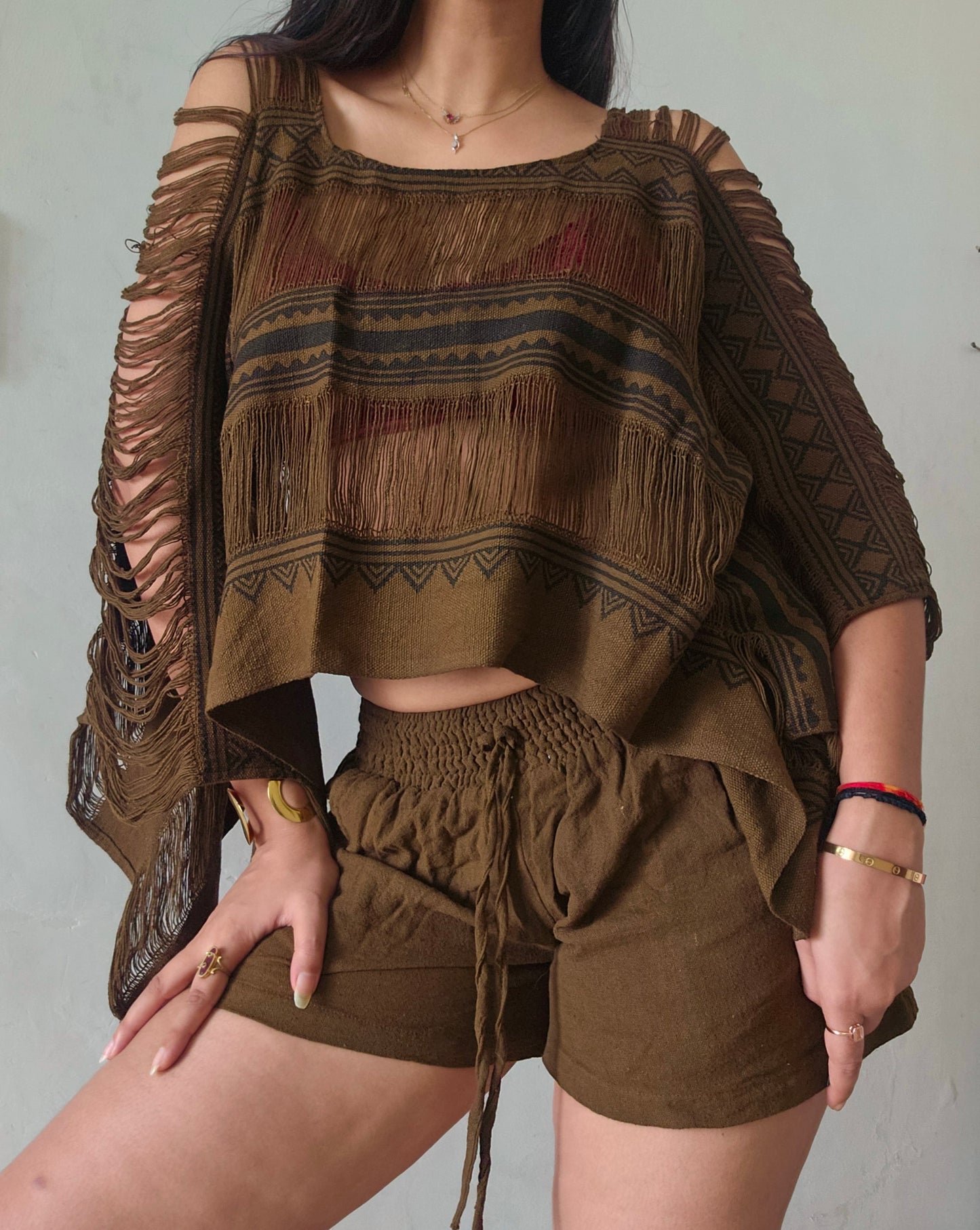 Deep walnut brown poncho and shorts co-ord set