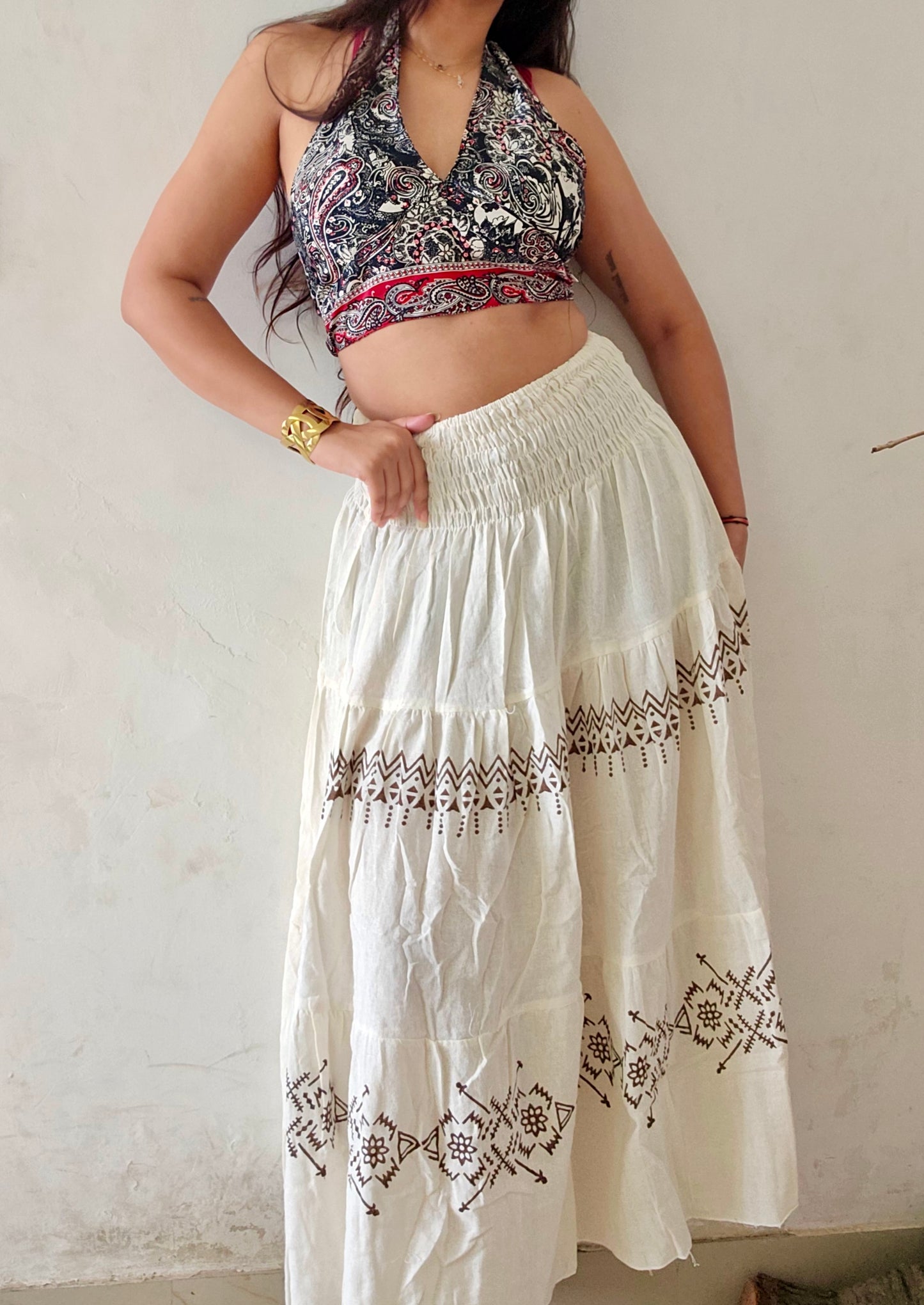 Boho block printed organic cotton skirt