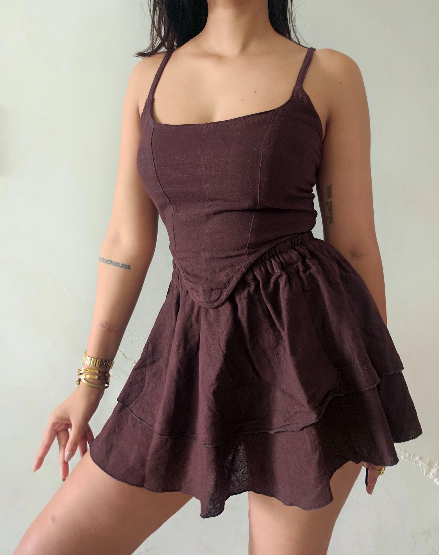 Organic Cotton Corset Co-ord Set – Sustainable Two Piece with Skirt | brown colour