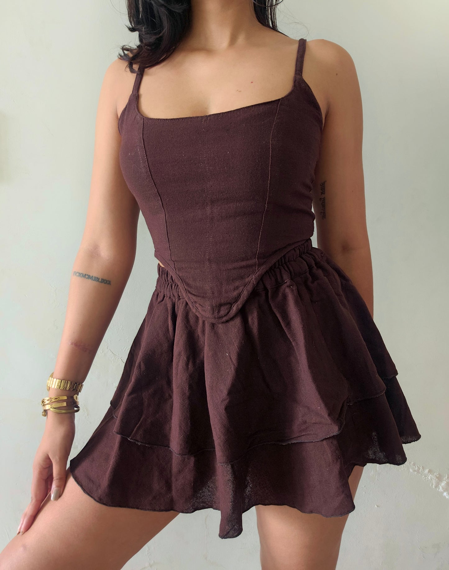 Organic Cotton Corset Co-ord Set – Sustainable Two Piece with Skirt | brown colour