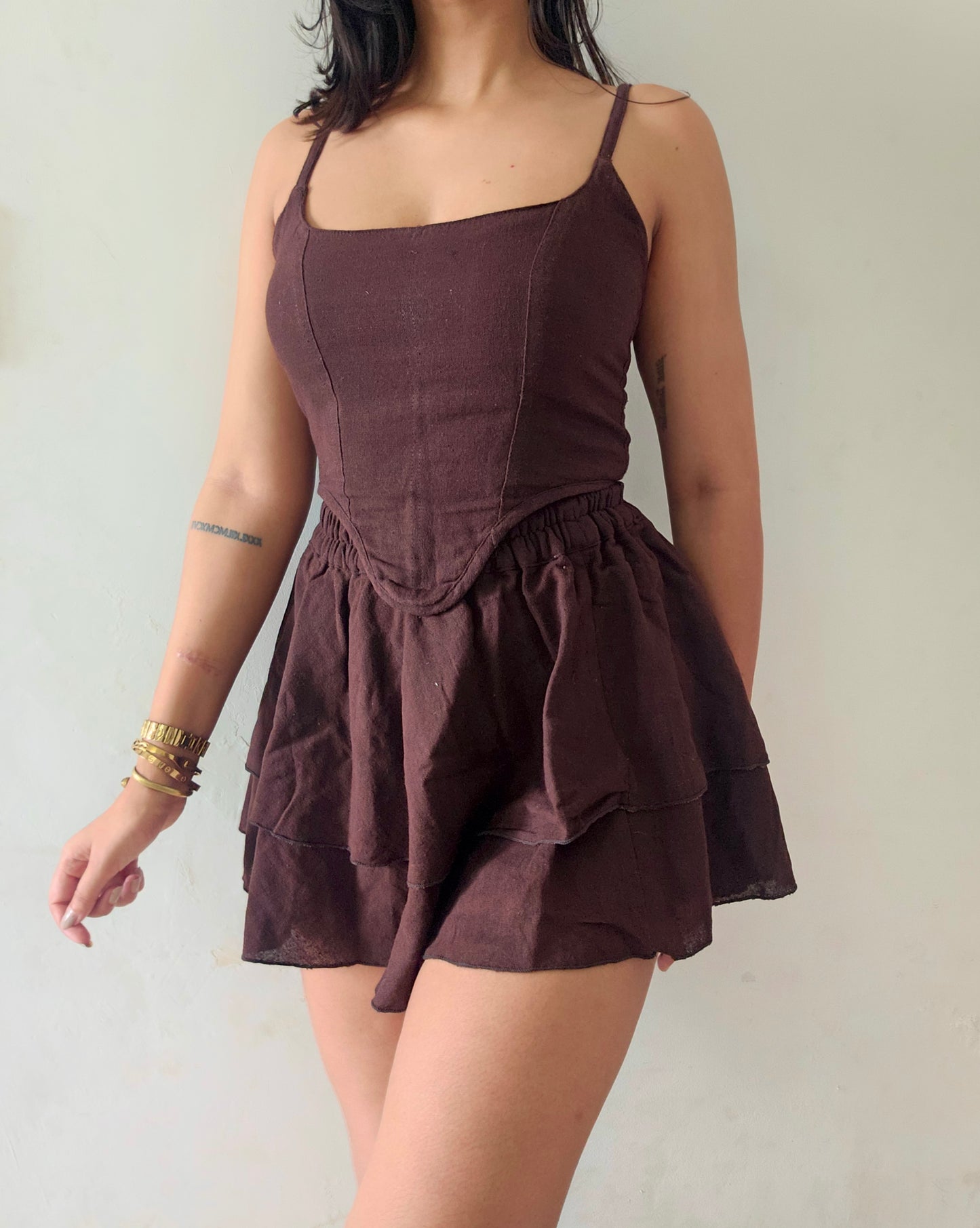 Organic Cotton Corset Co-ord Set – Sustainable Two Piece with Skirt | brown colour