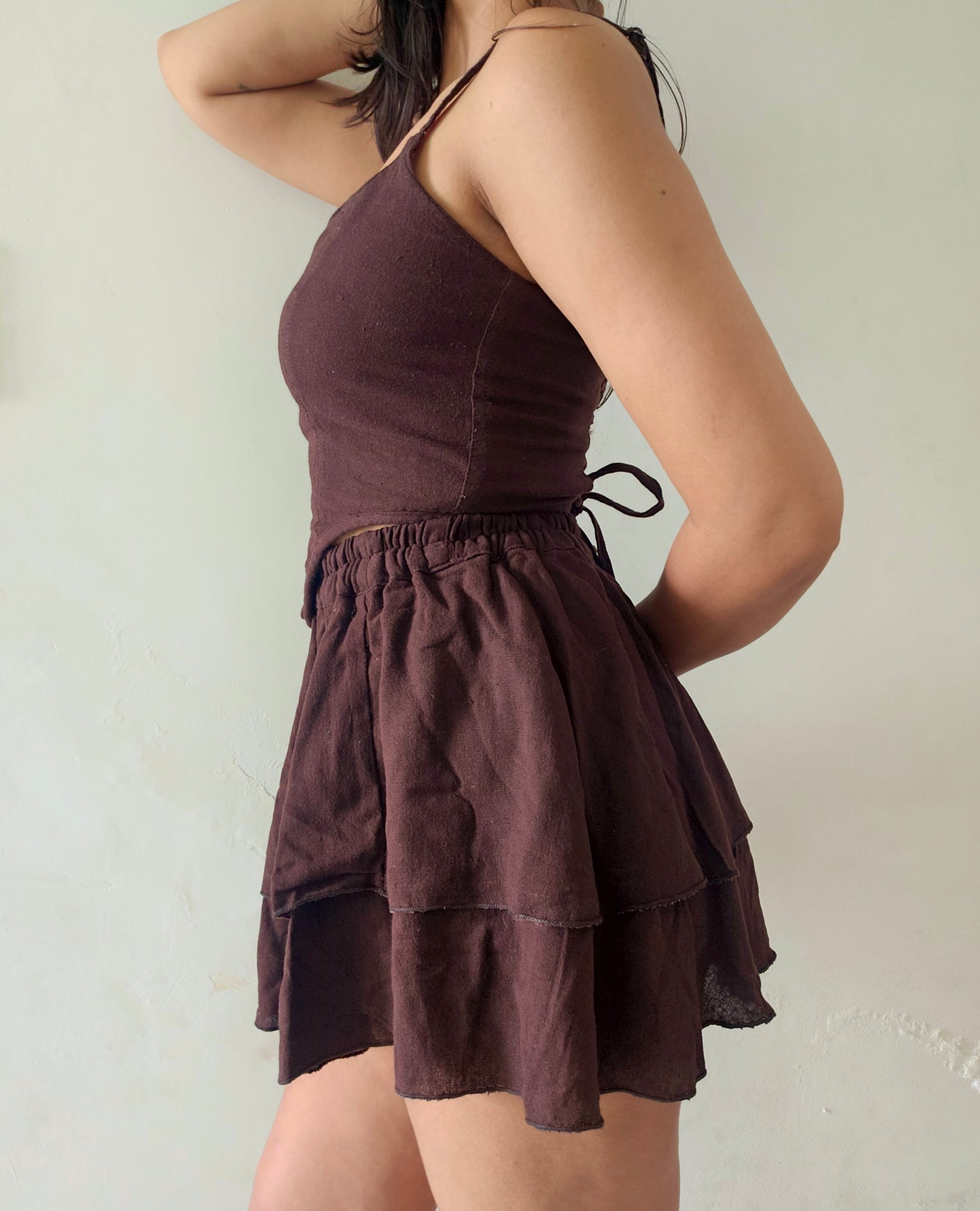 Organic Cotton Corset Co-ord Set – Sustainable Two Piece with Skirt | brown colour