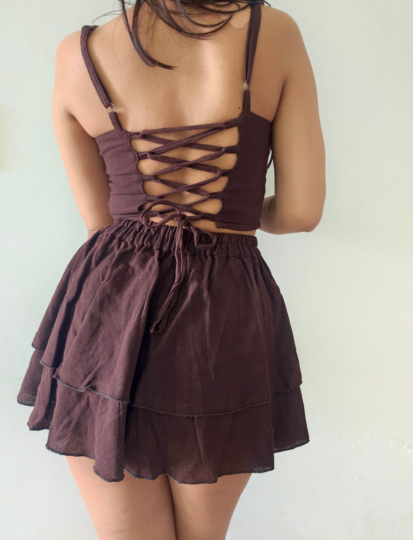Organic Cotton Corset Co-ord Set – Sustainable Two Piece with Skirt | brown colour