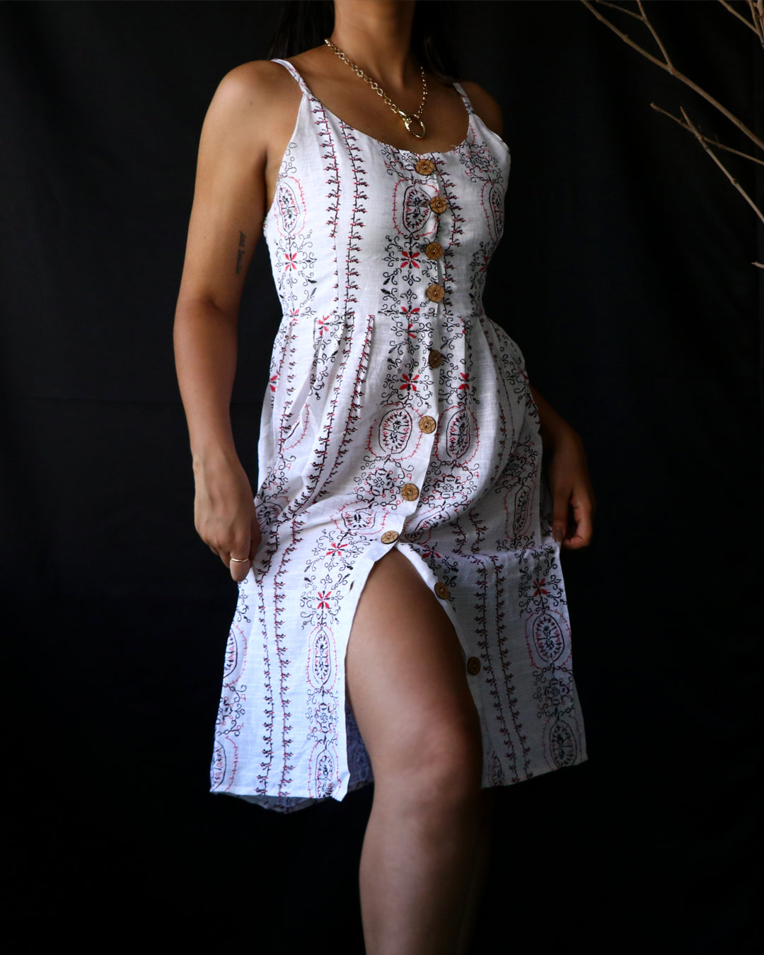 Printed button front cami pure cotton dress