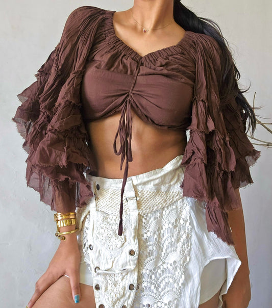 Deep walnut brown flutterwing blouse top