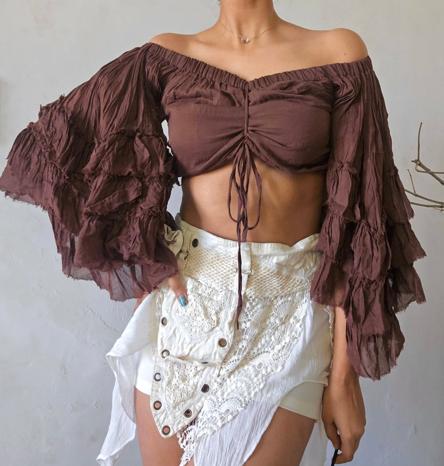Deep walnut brown flutterwing blouse top
