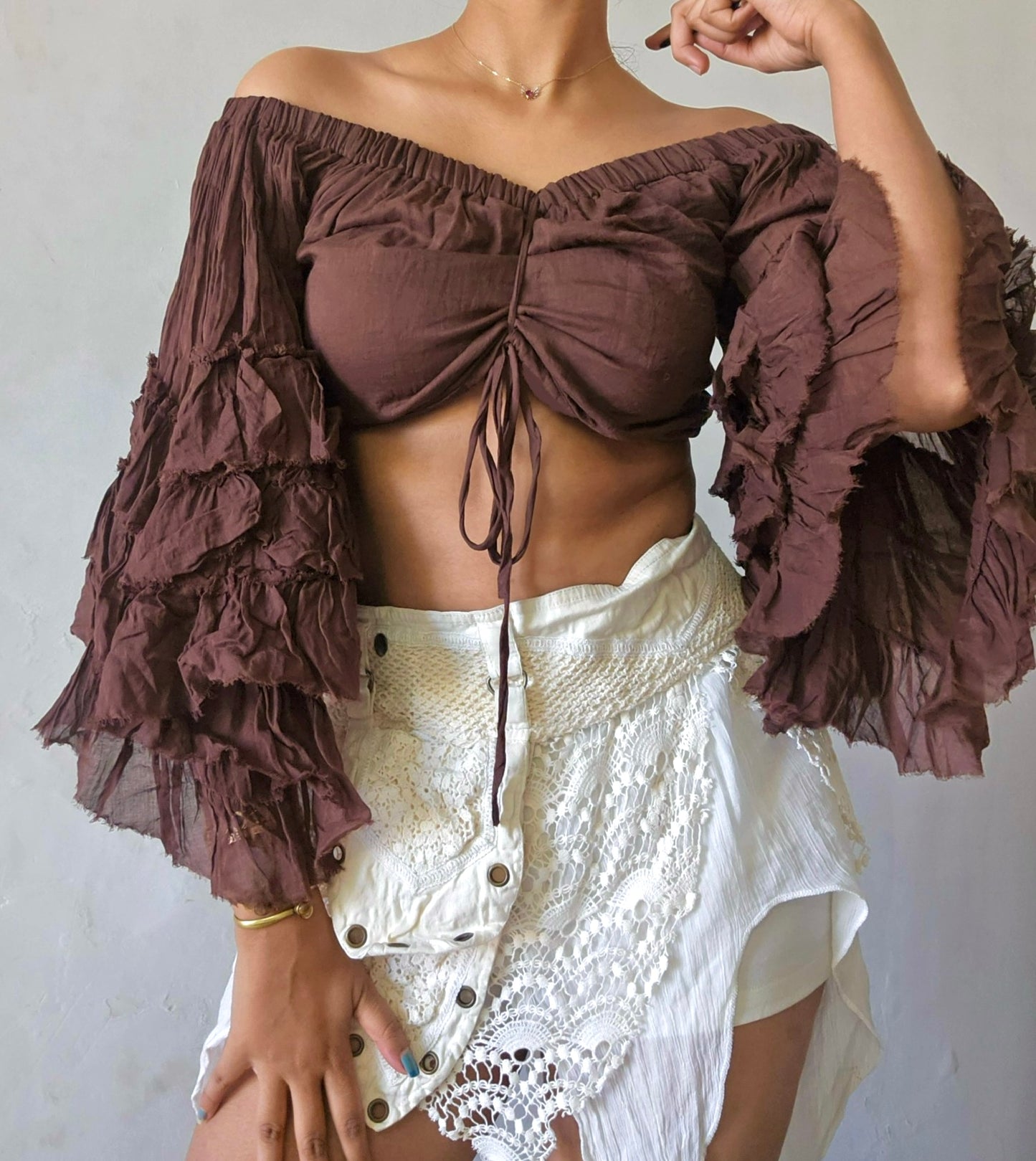 Deep walnut brown flutterwing blouse top