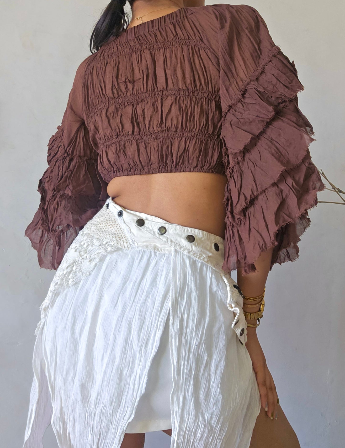 Deep walnut brown flutterwing blouse top