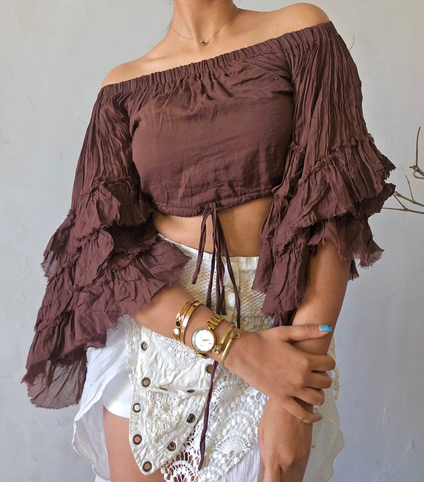 Deep walnut brown flutterwing blouse top