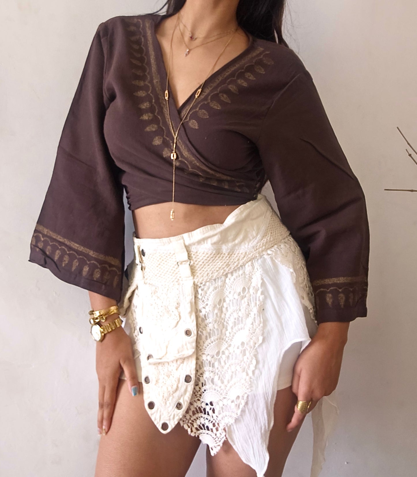 Deep walnut brown jute cotton wrap top
