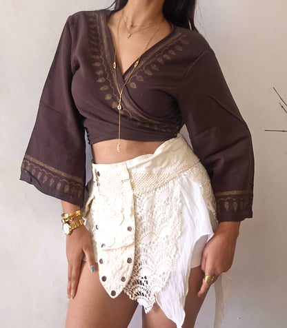 Deep walnut brown jute cotton wrap top