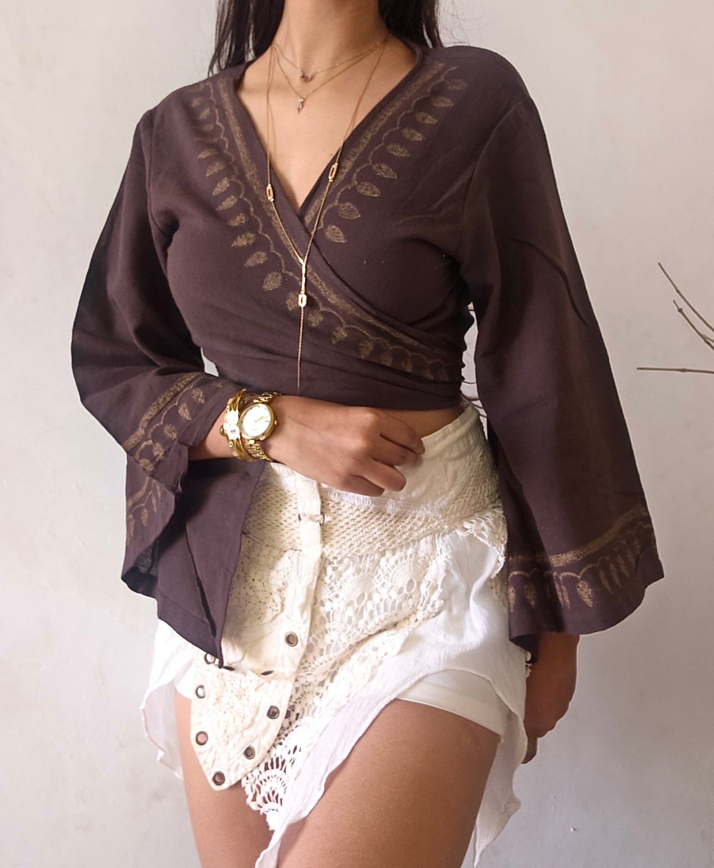 Deep walnut brown jute cotton wrap top