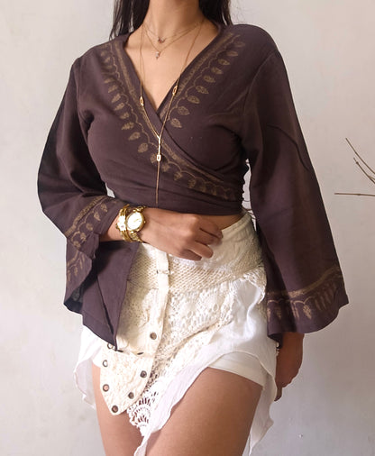 Deep walnut brown jute cotton wrap top