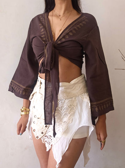Deep walnut brown jute cotton wrap top