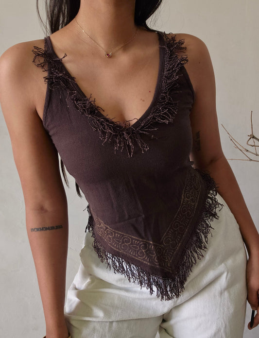 Deep walnut brown jute cotton tank top