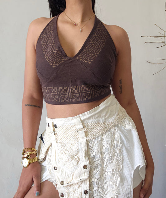 Deep walnut brown jute cotton halter top