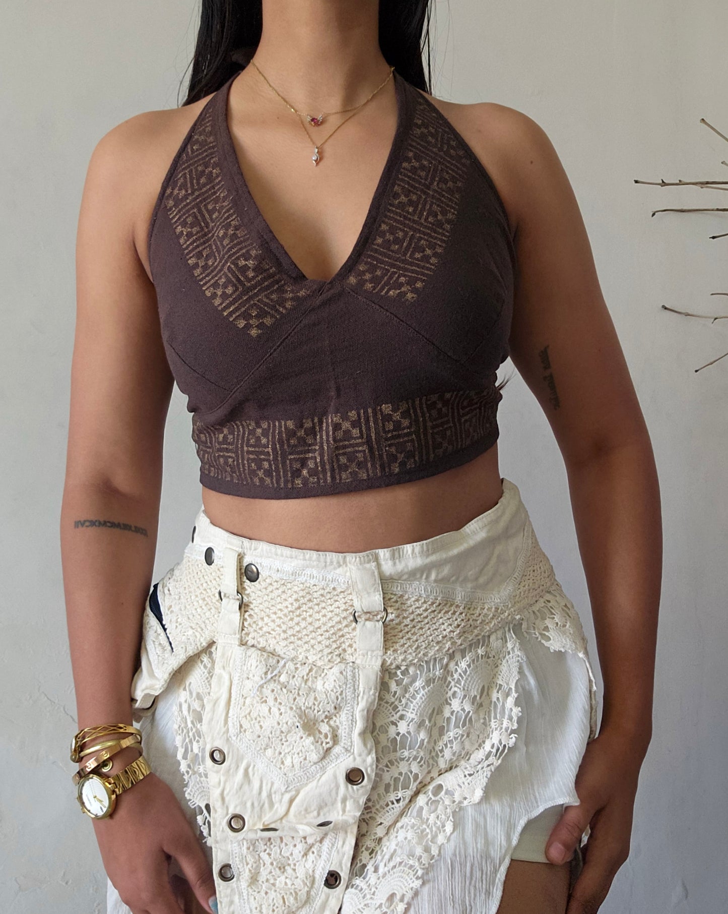 Deep walnut brown jute cotton halter top