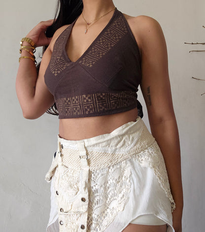 Deep walnut brown jute cotton halter top
