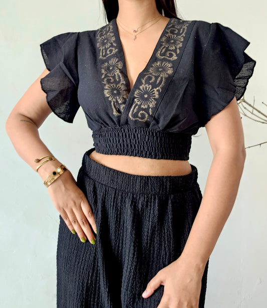 Black Block Printed Jute Cotton Crop Top