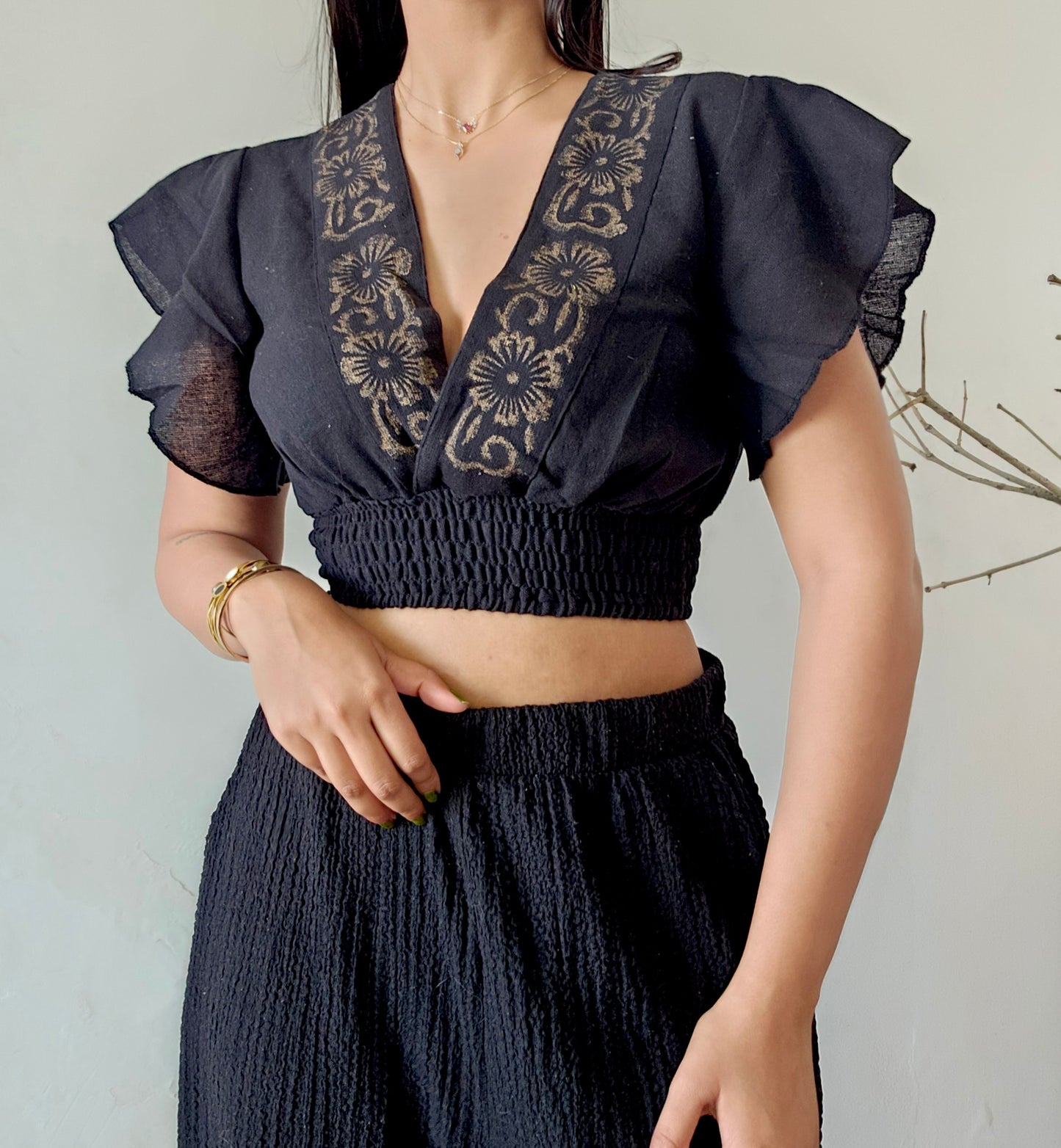 Black Block Printed Jute Cotton Crop Top