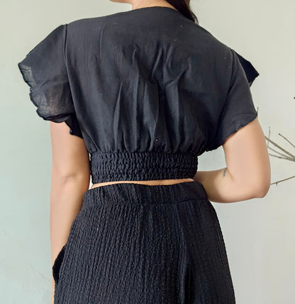 Black Block Printed Jute Cotton Crop Top