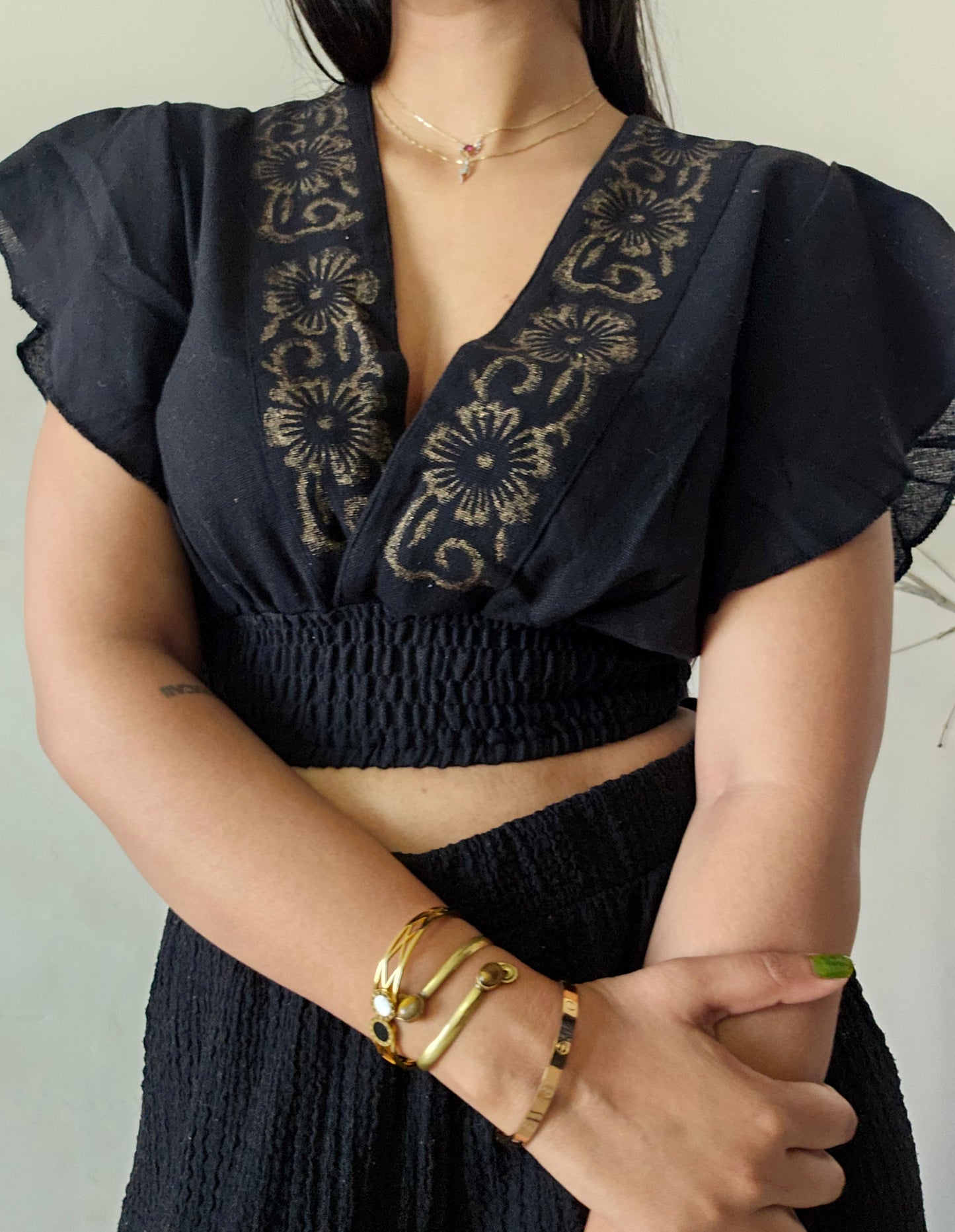 Black Block Printed Jute Cotton Crop Top