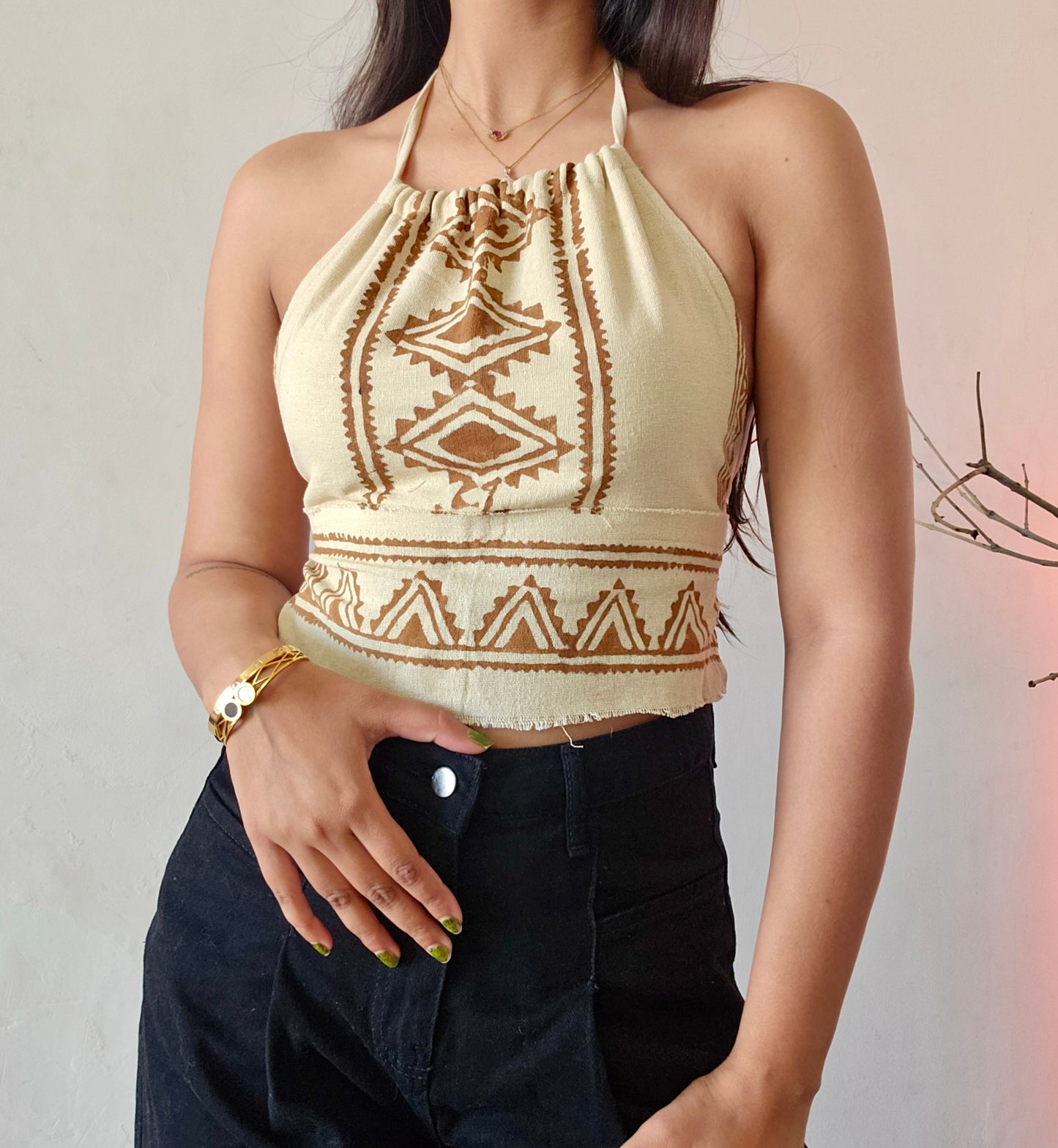 Block printed cutout jute cotton halter top