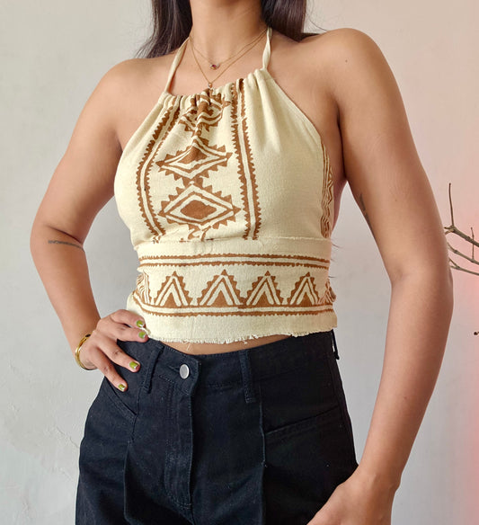 Block printed cutout jute cotton halter top