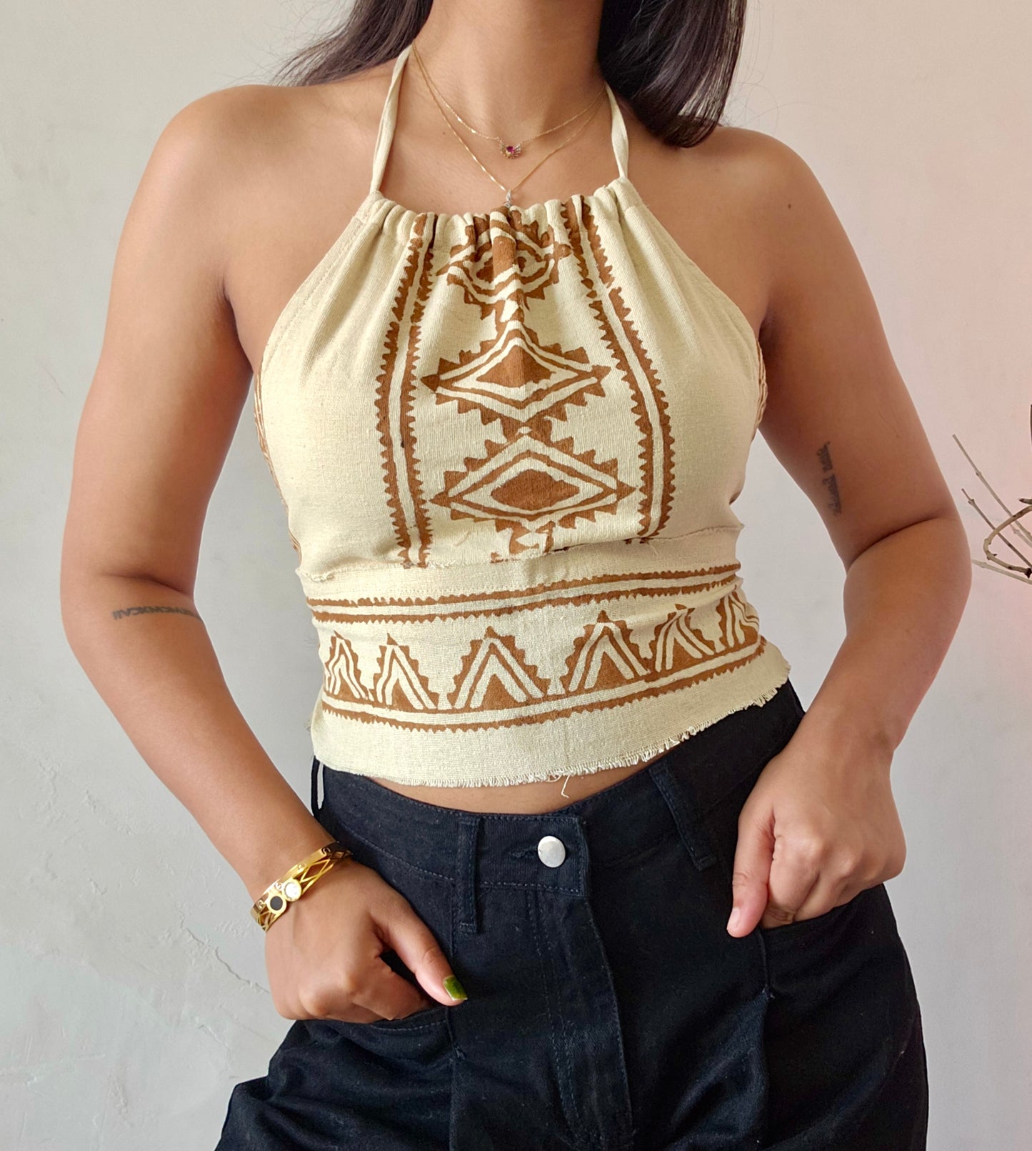 Block printed cutout jute cotton halter top