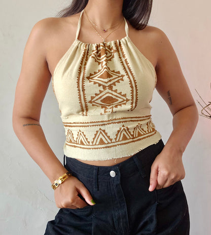 Block printed cutout jute cotton halter top