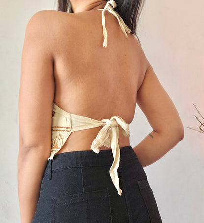 Block printed cutout jute cotton halter top