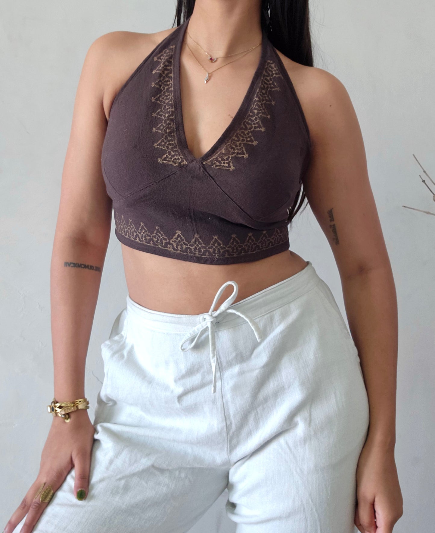 Deep walnut brown jute cotton halter top