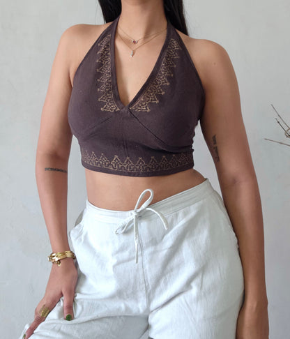 Deep walnut brown jute cotton halter top