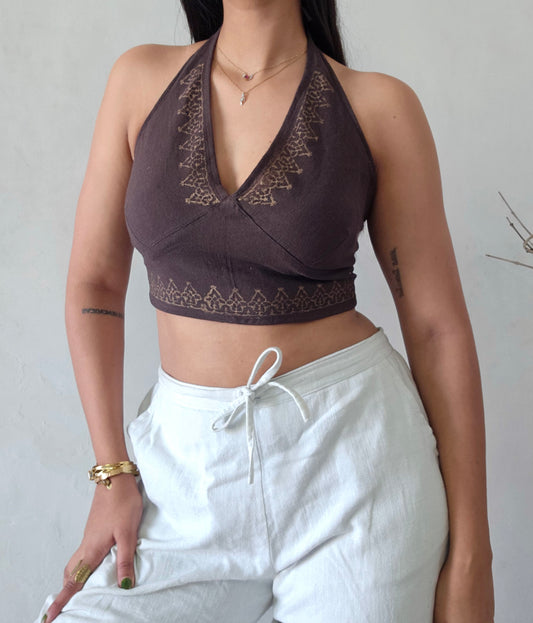Deep walnut brown jute cotton halter top