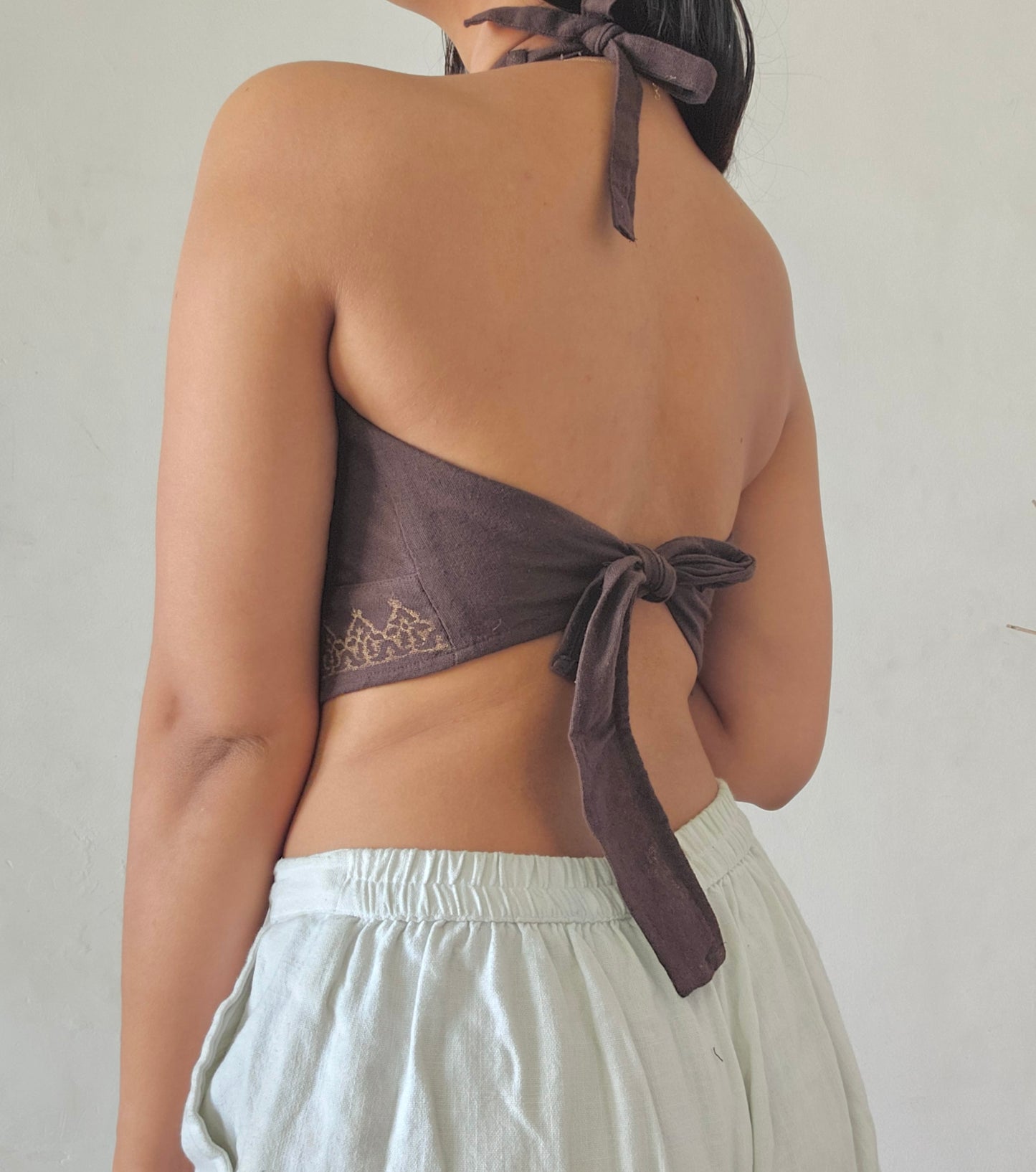 Deep walnut brown jute cotton halter top