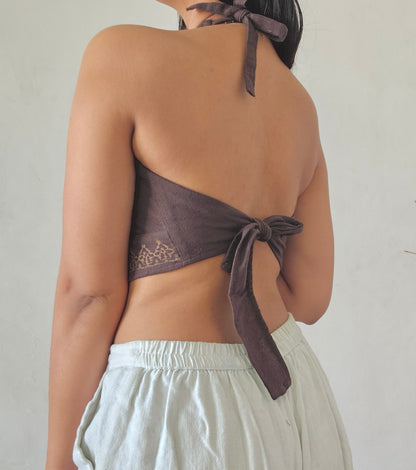 Deep walnut brown jute cotton halter top