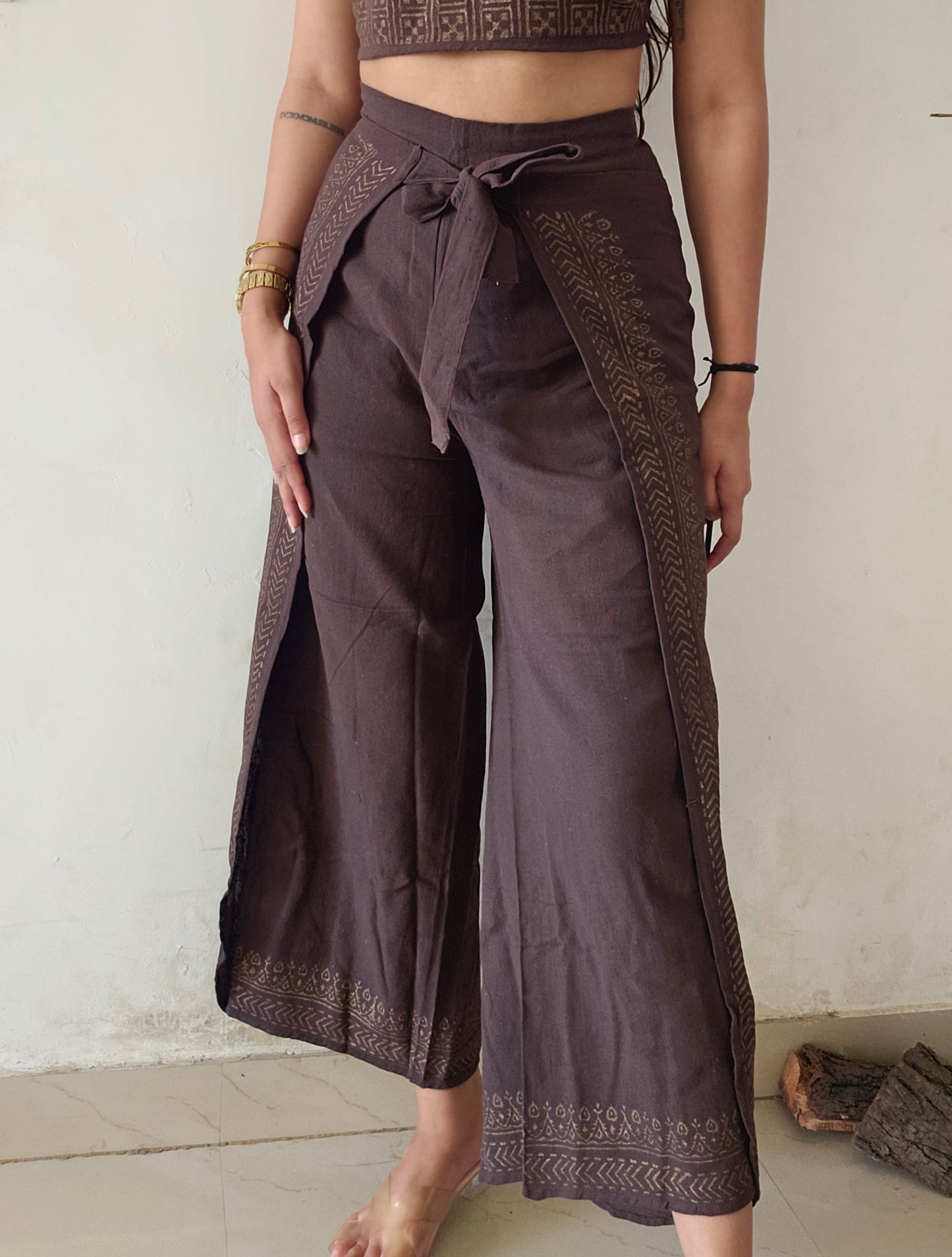 Wrap around brown khadi cotton trousers