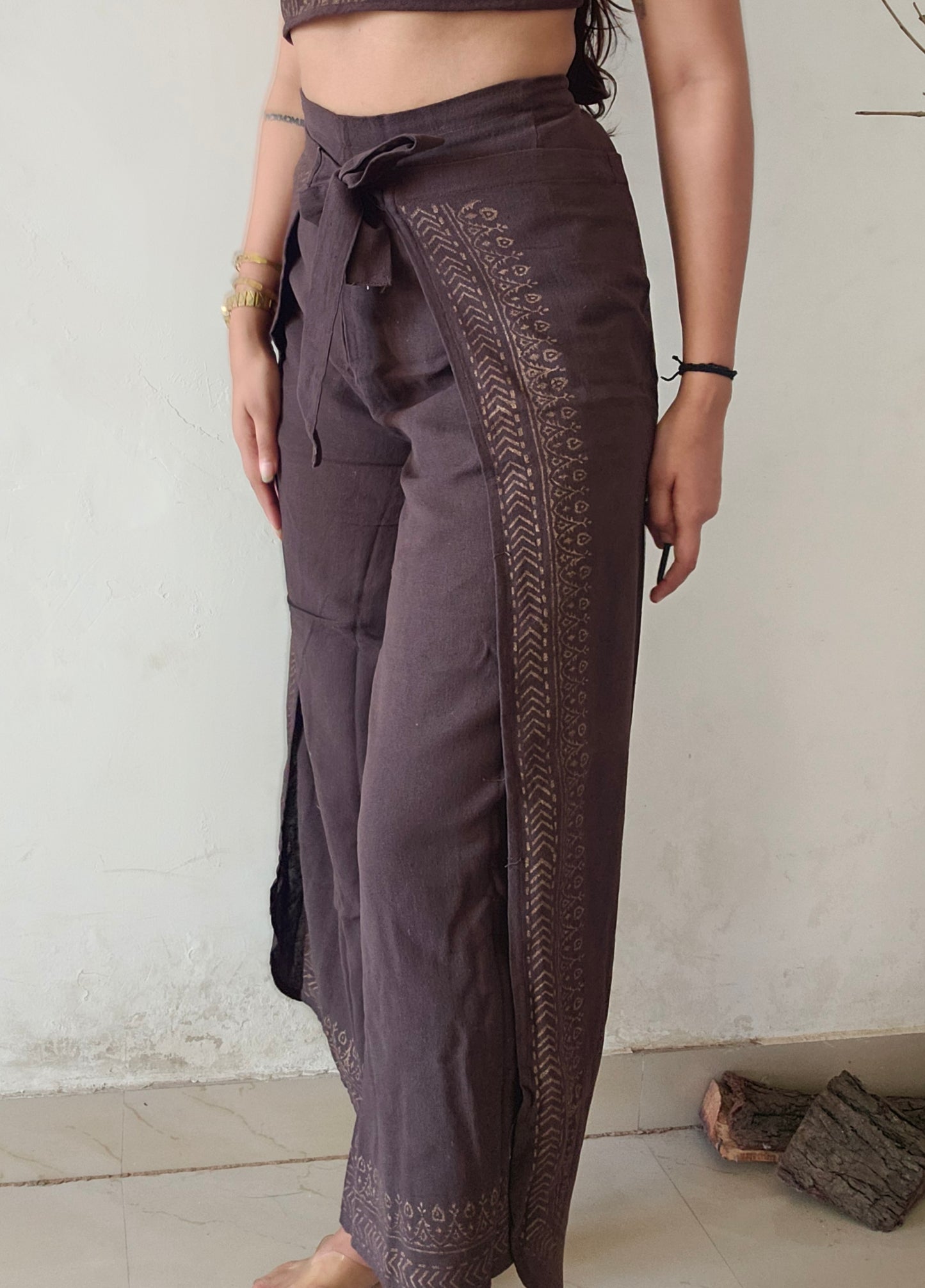 Wrap around brown khadi cotton trousers