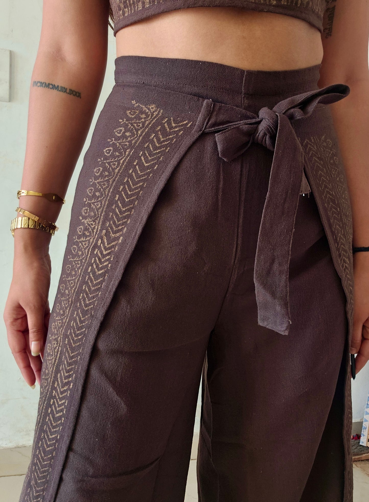 Wrap around brown khadi cotton trousers