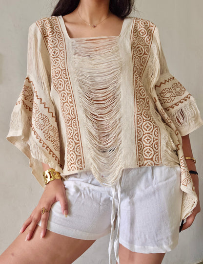 Natural beige poncho and shorts two-piece set