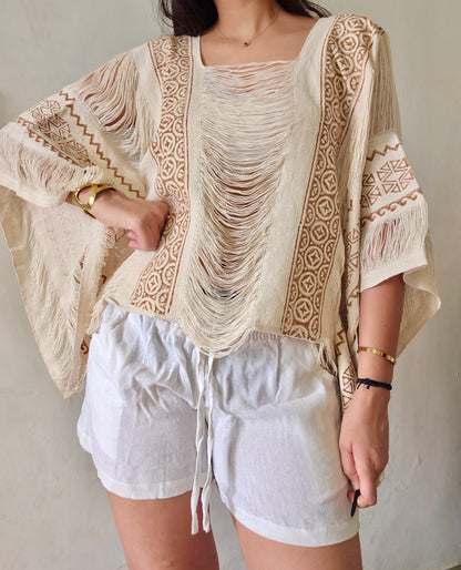 Natural beige poncho and shorts two-piece set